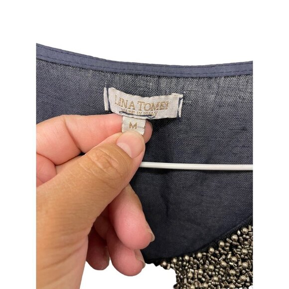 Lina Tomei Linen Shift Dress Women's Size Medium Beaded Neckline Made In Italy - Picture 3 of 8